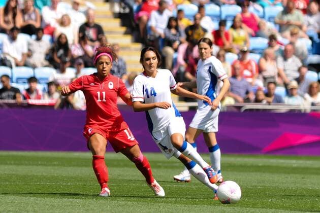 09.08.2012 Coventry, England. Louisa NECIB (France) and Desiree SCOTT (Canada) in action during the Olympic Football Women s Bronze match play-off game between France and Canada from the City of Coventry Stadium xAnthonyxStanleyx  ActionPlus11314509