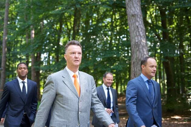 (L-R) assistant trainer Patrick Kluivert of Holland,coach Louis van Gaal of Holland,assistant trainer Danny Blind of Holland,Chairman Bert van Oostveen Louis van Gaal Unveiled as New Netherlands National Team Coach 2012 2013 xVIxxIVx 1086822