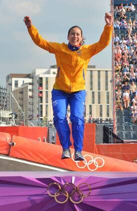 LONDON, Aug. 10, 2012 - Gold medalist Mariana Pajon of Colombia celebrates during victory ceremony of women s cycling BMX competition, at London 2012 Olympic Games in London, Britain, on August 10, 2012. (Xinhua Cheng Min) (nxl) (OLY2012)BRITAIN-LONDON-CYCLING BMX-WOMEN S BMX 