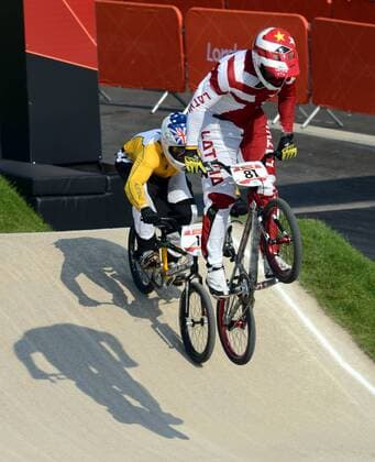 LONDON, Aug. 10, 2012 - Maris Strombergs of Latvia (No.81) competes during men s cycling BMX competition, at London 2012 Olympic Games in London, Britain, on August 10, 2012. Maris Strombergs of Latvia won (OLY2012)BRITAIN-LONDON-CYCLING BMX-MEN S BMX 