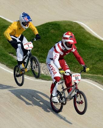 LONDON, Aug. 10, 2012 - Maris Strombergs of Latvia (No.81) competes during men s cycling BMX competition, at London 2012 Olympic Games in London, Britain, on August 10, 2012. Maris Strombergs of Latvia won (OLY2012)BRITAIN-LONDON-CYCLING BMX-MEN S BMX 