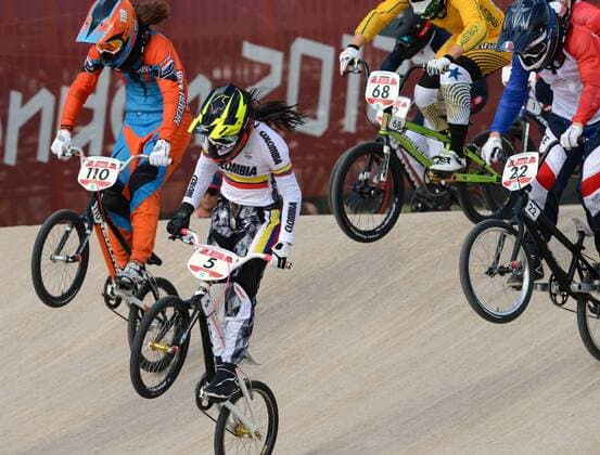 LONDON, Aug. 10, 2012 - Mariana Pajon of Colombia (No.5) competes during women s cycling BMX competition, at London 2012 Olympic Games in London, Britain, on August 10, 2012. Mariana Pajon of Colombia won (OLY2012)BRITAIN-LONDON-CYCLING BMX-WOMEN S BMX 