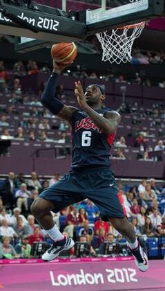 Aug. 10, 2012 - London, GBR - USA s Lebron James (6) scores against Argentina during their semifinals game at the Basketball Arena at the North Greenwich Arena during the 2012 Summer Olympic Games in London, England, 2012. USA defeated Argentina 109-83 to advance to the Gold Medal game. 2012 Summer Olympics Basketball - ZUMAm67