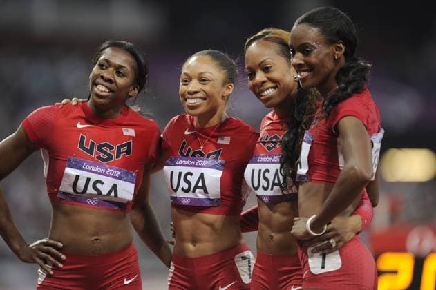 Staffel USA mit TROTTER DeeDee, FELIX Allyson ,McCORORY Francena, RICHARDS ROSS Sanya, 4x400m Staffel der Damen,relay,am 11.08.2012. Olympische Sommerspiele 2012 in London vom 27.07. - 12.08.2012 in London Grossbritannien.