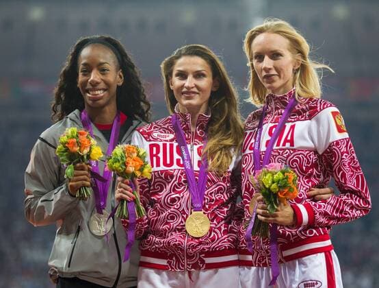 11.08.2012, Olympia Stadion, London, GBR, Olympia 2012, Hochsprung, Damen, Podium, im Bild Brigetta Barrett (USA, Silber Medaille), Svetlana Shkolina (RUS, Gold Medaille), Anna Chicherova (RUS, Bronze Medaille)