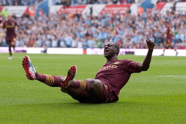 Football - FA Community Shield - Chelsea FC London vs. Manchester City; Yaya Toure of Manchester City celebrates his equalising goal at Villa Park 