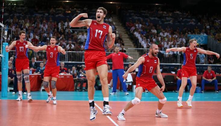 LONDON, Aug. 12, 2012 - Russian players celebrate after men s volleyball gold medal match, at London 2012 Olympic Games in London, Britain, on August 12, 2012. Russia won 3-2. (Xinhua Wang Lili) (nxl) (OLY2012)BRITAIN-LONDON-VOLLEYBALL-MEN 