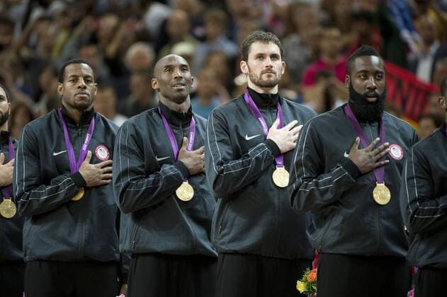 Aug. 12, 2012 - London, England, United Kingdom - Andre Iguodala, Kobe Bryant, Kevin Love and James Harden listen to the National anthem at the Men s Gold-medal game during the London Olympics 2012 at the North Greenwich Arena on August 12, 2012 in London, United Kingdom. Olympics 2012 - Basketball - Men s - ZUMAj89