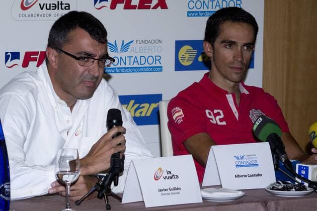 13.08.2012. The cyclist Alberto Contador presented at the Hotel Las Artes in Pinto charity campaign to collect bicycles for the Tour of Spain. In the image (L-R) Javier Guillen, Director General of the Tour of Spain and Alberto Contador (Alterphotos Marta Gonzalez)  (20185402)