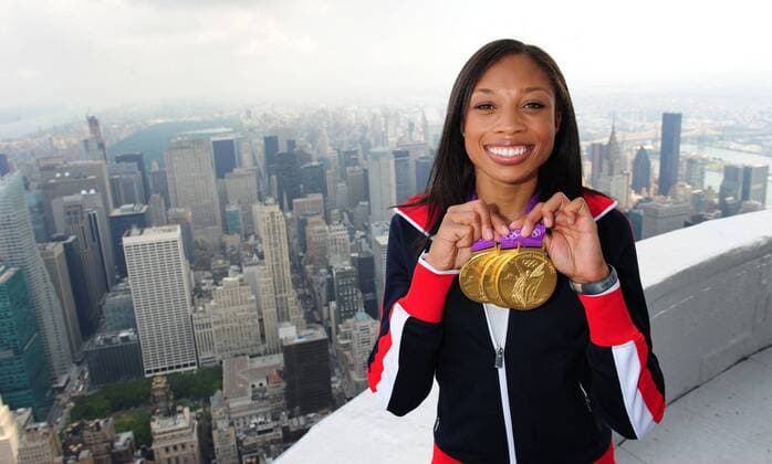 Aug. 15, 2012 - Manhattan, New York, U.S. - 2012 Olympic Gold Medalist ALLYSON FELIX tours the Empire State Building. Felix received three gold medals at the 2012 Olympic Games, including a gold medal in the Women s 200m, Women s 4x100m Relay (World Record) and the Women s 4x400m Relay. 2012 Olympic Gold Medalist Allyson Felix Tours Empire State Building - ZUMAb09