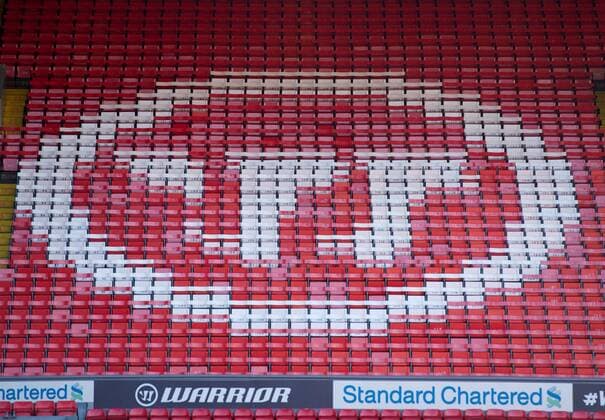 Football - soccer: UEFA Europa League, Liverpool FC - FC Gomel, Liverpool s new kit supplier Warrior with their logo on the seats of Liverpool s Centenary Stand at Anfield. xHOCHxZWEIx xPropagandax 