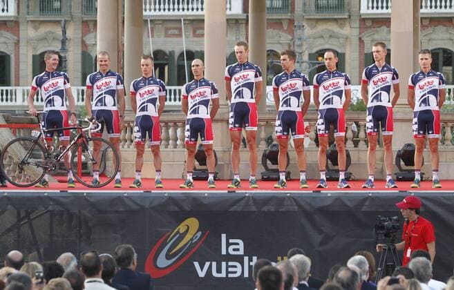 Lotto Belisol Team during the official presentation of La Vuelta 2012. Jurgen Van den Broeck, Bart De Clercq, Jens Debusschere, Adam Hansen, Olivier Kaisen, Gianni Meersman, Vicente Reynes, Joost Van Leijen and Frederik Willems. August 17,2012.  (201208172630)