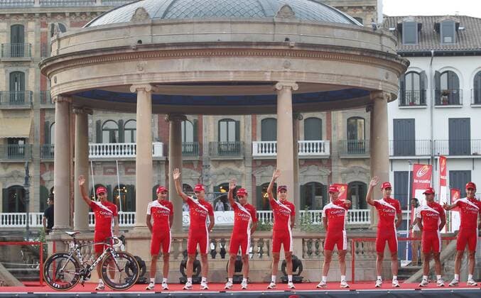 Team Cofidis during the official presentation of La Vuelta 2012. David Moncoutie, Yohann Bagot, Florent Barle, Mickael Buffaz, Leonardo Fabio Duque, Egoitz Garcia Echeguibel, Luis Angel Mate Mardones, Rudy Molard and Nico Sijmens. August 17,2012.  (201208172632)