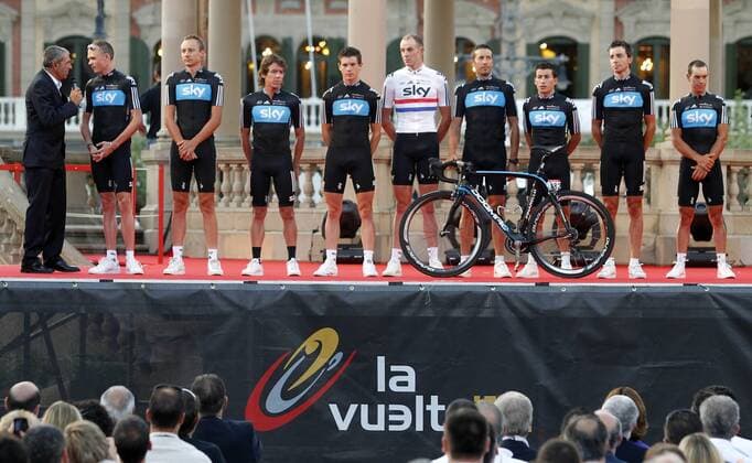 Team Sky during the official presentation of La Vuelta 2012. Christopher Froome, Juan Antonio Flecha, Sergio Luis Henao Montoya, Danny Pate, Richie Porte, Ian Stannard, Ben Swift, Rigoberto Uran and Xabier Zandio.August 17,2012.  (201208172633)