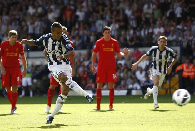 Football- Premier League - West Bromwich Albion vs. Liverpool- West Brom s Peter Odemwingie scores the second goal at The Hawthorns 
