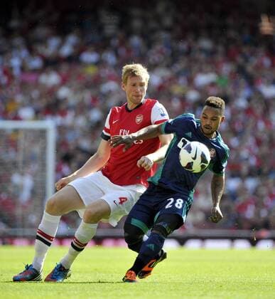 Football Premier League Arsenal Vs Sunderland Per Mertesacker and Stephane Sessegnon 