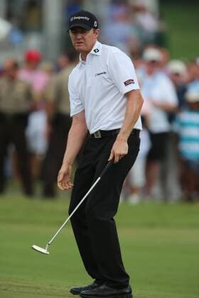 18 Aug 2012: Jimmy Walker reacts to a putt during third round action at the the Wyndham Championship Tournament at Sedgefield Country Club, Greensboro, North Carolina. GOLF: AUG 18 PGA Golf Herren - Wyndham Championship Icon201208180669 EDITORIAL USE ONLY