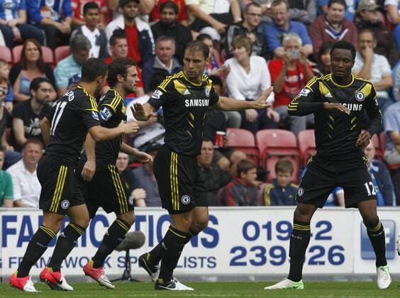 Football- Premier League. Wigan Athletic - Chelsea FC London; Chelsea s Branislav Ivanovic celebrates the first goal at The DW Stadium 