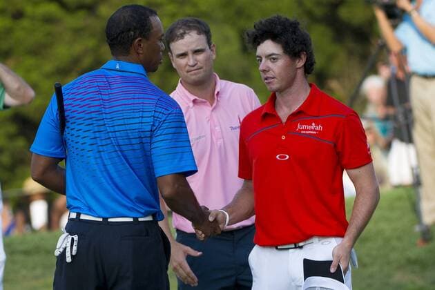 24 August 2012: Tiger Woods (USA ). Zach Johnson (USA) and Rory Mcilroy (NIR) shake hands after completing the second round of The Barclays Championship for The FedEx Cup played at Bethpage Black in Farmingdale, NewYork. GOLF: AUG 24 PGA Golf Herren - The Barclays - Second Round Icon082412399 EDITORIAL USE ONLY