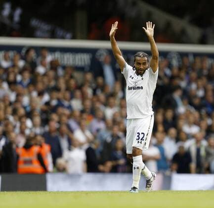 Tottenhams Benoit Assou-Ekotto celebrates scoring his sides opening goal...Barclays Premier League, Tottenham Hotspur v West Bromwich Albion at White Hart Lane, London on the 25th August 2012. EDITORIAL USE ONLY. No use with unauthorised audio, video, data, fixture lists, club league logos or live services. Online in-match use limited to 120 images, no video emulation. No use in betting, games or single club league player publications.
