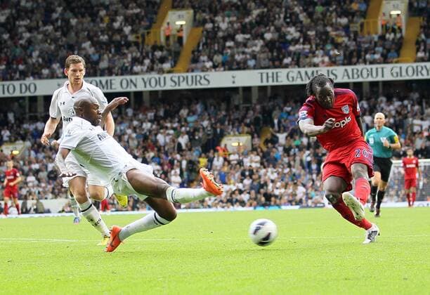 WBAs Romelu Lukaku fires in a shot...Barclays Premier League, Tottenham Hotspur v West Bromwich Albion at White Hart Lane, London on the 25th August 2012. EDITORIAL USE ONLY. No use with unauthorised audio, video, data, fixture lists, club league logos or live services. Online in-match use limited to 120 images, no video emulation. No use in betting, games or single club league player publications.
