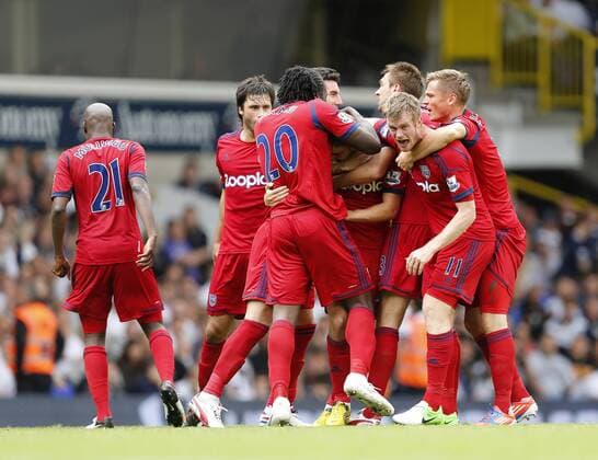 WBAs players celebrate with goalscorer James Morrison...Barclays Premier League, Tottenham Hotspur v West Bromwich Albion at White Hart Lane, London on the 25th August 2012. EDITORIAL USE ONLY. No use with unauthorised audio, video, data, fixture lists, club league logos or live services. Online in-match use limited to 120 images, no video emulation. No use in betting, games or single club league player publications.