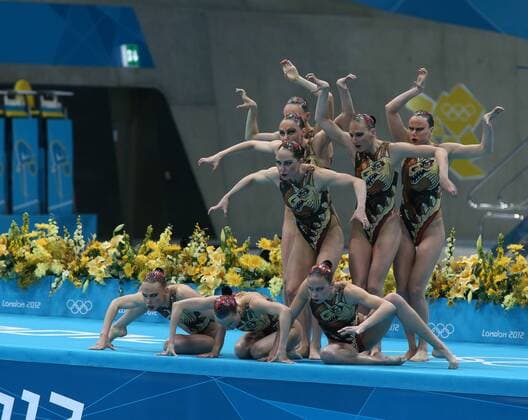 United Kingdom. London. 10 aug. 2012. Summer Olympic Games. Aquatic Centre. Synchronised Swimming. Teams. Final. RUS - Team Russian Federation: DAVYDOVA Anastasia, GROMOVA Maria, ISHCHENKO Natalia, KHASYANOVA Elvira, KOROBOVA Daria, PATSKEVICH Alexandra, ROMASHINA Svetlana, TIMANINA Anzhelika, SHISHKINA Alla - Champions Olympic Games. 