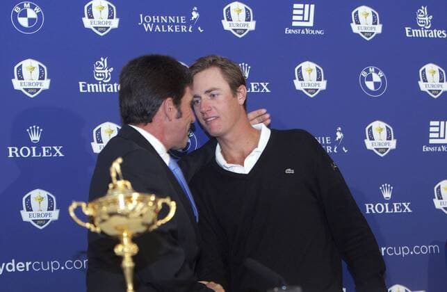 26.08.2012 Gleneagles, Scotland. Jose Maria Olazabal welcomes Belgium s Nicolas Colsaerts to the Ryder Cup team as his wild card pic Ryder Cup Captain Jose maria Olazabal makes his team announcement for the Ryder Cup 2012 in Medinah USA. xMarkxDavisonx  ActionPlus20263222