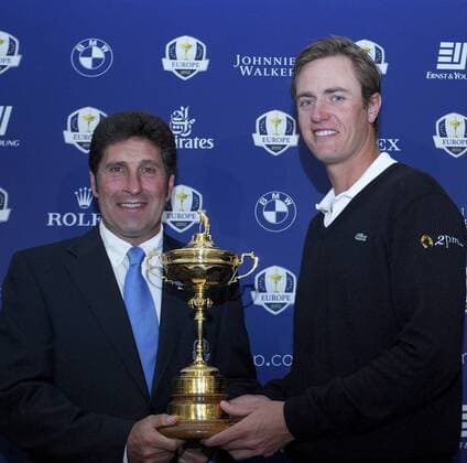 26.08.2012 Gleneagles, Scotland. Jose Maria Olazabal with wild card pick Nicolas Colsaerts of Belgium Ryder Cup Captain Jose maria Olazabal makes his team announcement for the Ryder Cup 2012 in Medinah USA. xMarkxDavisonx  ActionPlus20263225