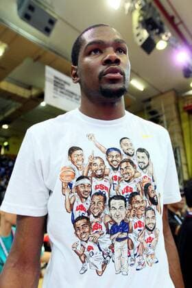 NBA star Kevin Durant of Oklahoma City Thunder is pictured during a basketball game in Hong Kong, China, 31 August 2012. Kevin Durant highlights basketball game in Hong Kong  20120831_40601
