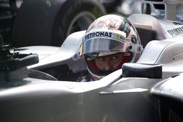 Michael SCHUMACHER (GER), Mercedes GP Petronas, schaut im Parc Ferme in seinen Rückspiegel, Rennen am 02.09.2012 Formel 1, Grosser Preis von Belgien in Spa Francorchamps vom 30.08. - 02.09.2012., Saison2012,,