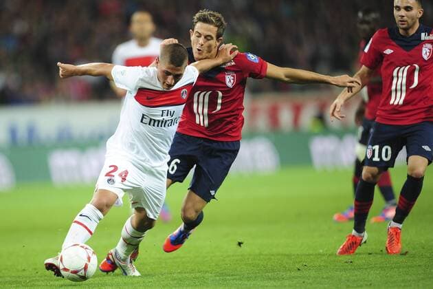 Nolan Roux (lille) vs Marco Verratti (psg) FOOTBALL : Lille vs PSG - Ligue 1 - 02 09 2012 JBAutissier Panoramic 
