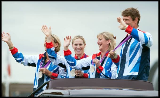 Zara Phillips with Britain s equestrian eventing silver medallists parade for the crowds at Land Rover Burghley Horse Trials, Sunday September 2, 2012. NicoxMorgan i-Images  AJP