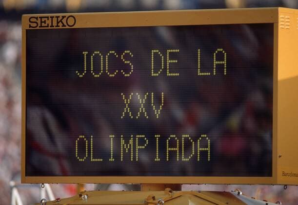 Anzeigetafel von Seiko bei den olympischen Sommerspielen 1992 in Barcelona