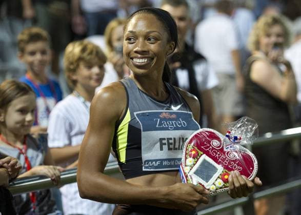 ZAGREB, Sept. 4, 2012 - Allyson Felix of the United States celebrates after winning the women s 200m final at the IAAF World Challenge Zagreb 2012 in Zagreb, capital of Croatia, September 4, 2012. Allyson Felix claimed the champion with 22.35 seconds. (Xinhua Miso Lisanin) CROATIA-ZAGREB-ATHLETICS-IAAF WORLD CHALLENGE 