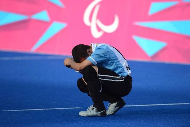 Marcelo Panizza of Argentina reacts after the men s football 5-a-side semifinal against Brazil at the London 2012 Paralympic Games in London, Britain, on Sept. 6, 2012. (Xinhua Li Jundong) BRITAIN-LONDON-PARALYMPIC GAMES-FOOTBALL 5-A-SIDE 
