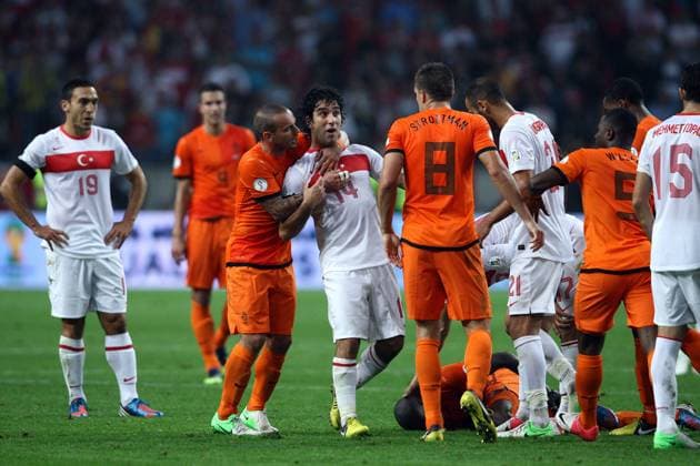 World Cup Qualifier between Holland and Turkey at the Amsterdam Arena on September 07, 2012 in Amsterdam, Holland. Pictured: Wesley Sneijder of Holland and Arda Turan of Turkey. 