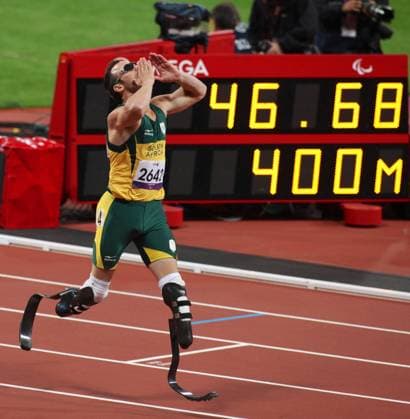 Oscar Pistorius wins the 400m T44 at the London 2012 Paralympics, September 8. Photo by Andre Camara i-Images AndrexCamara i-Images  London Paralympics 2012