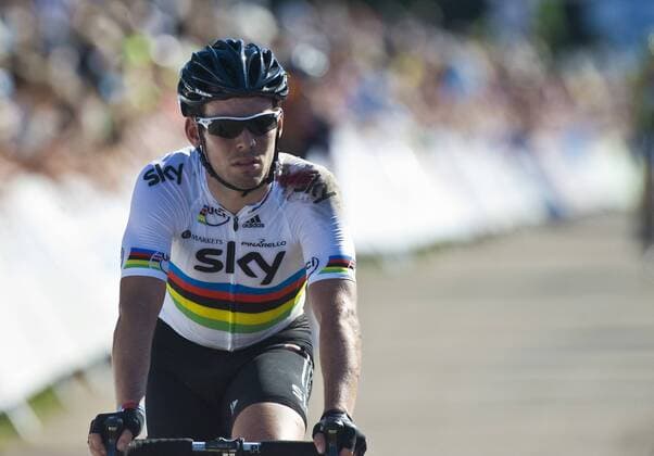 09.09.2012 Norwich, England. Mark Cavendish of Team Sky finishes low down the field having suffered a crash in the last 3km of Stage One of the Tour of Britain from Ipswich to the Norfolk Showground. xSimonxGillx  ActionPlus11329031