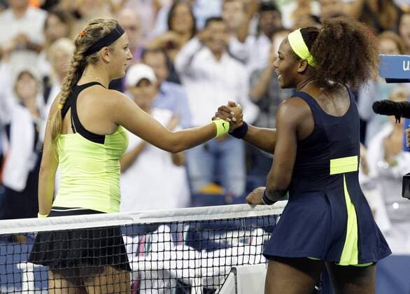 Serena Williams and Victoria Azarenka of Belarus meet at the net after Williams wins in 3 sets in the Woman s Finals in Arthur Ashe Stadium at the Billie Jean King National Tennis Center in New York City on September 9, 2012.  NYP20120909160