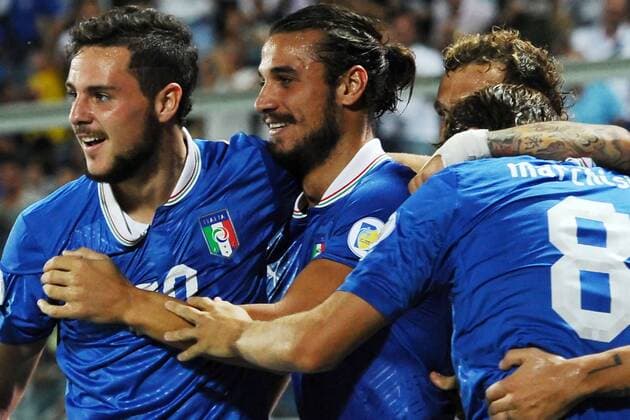 Mattia Destro (Italia) con Pablo Daniel Osvaldo. 11 09 2012 Modena Football Calcio 2012 2013 Qualificazioni Mondiali Italia vs Malta