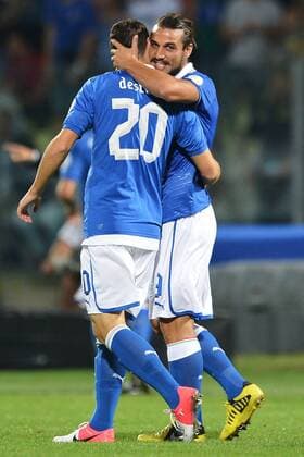 Mattia Destro and Pablo Daniel Osvaldo Italia 1-0 Goal celebration - Modena 11 9 2012 Stadio Alberto Braglia Football Calcio WM Qualifikation Italia Vs Malta Italy Vs Malta andreaxstaccioli