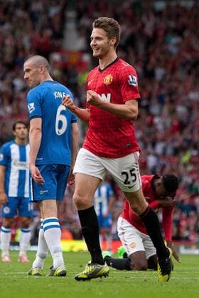Football - Premier League - Manchester United vs. Wigan Athletic Nick Powell of Manchester United celebrates scoring at Old Trafford 