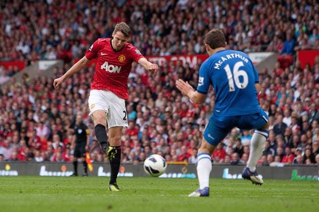 Football - Premier League - Manchester United vs. Wigan Athletic Nick Powell of Manchester United strikes to score his sides fourth goal at Old Trafford 