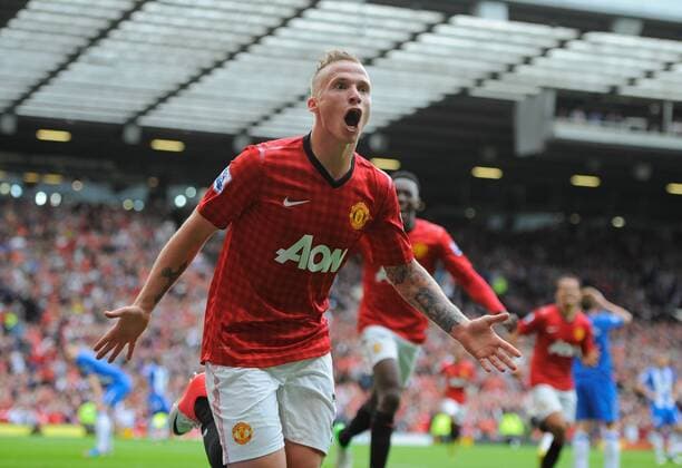 Alexander Buttner of Manchester United celebrates scoring the third goal.Football - Manchester Utd v Wigan Athletic - Barclays Premier League - Old Trafford Stadium - Season 12 13 - 15 9 12. EDITORIAL USE ONLY. No use with unauthorised audio, video, data, fixture lists, club league logos or live services. Online in-match use limited to 120 images, no video emulation. No use in betting, games or single club league player publications.