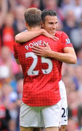 Nick Powell of Manchester United celebrates scoring with Robin van Persie of Manchester United.Football - Manchester Utd v Wigan Athletic - Barclays Premier League - Old Trafford Stadium - Season 12 13 - 15 9 12. EDITORIAL USE ONLY. No use with unauthorised audio, video, data, fixture lists, club league logos or live services. Online in-match use limited to 120 images, no video emulation. No use in betting, games or single club league player publications.