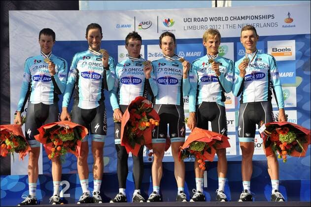 Team Omega Pharma - Quickstep (Quick Step) with Nicky Terpstra, Tom Boonen, Sylvain Chavanel, Kristof Vandewalle, Peter Velits and Tony Martin Podium WM Limburg Zeitfahren Team Mannschaftszeitfahren 16 09 2012 xPhotoNewsxPanoramicx 