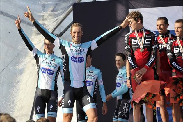 Tom Boonen and Nicky Terpstra of Team Omega Pharma - Quickstep (Quick Step) WM Limburg Zeitfahren Team Mannschaftszeitfahren 16 09 2012 xPhotoNewsxPanoramicx 