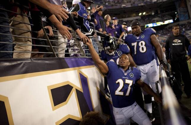 Baltimore Ravens Ray Rice leaves the field prior to their game against the New England Patriots at M&T Bank Stadium in Baltimore, Maryland on September 23, 2012. The Ravens defeated the Patriots 31-30.  WAP20120923323