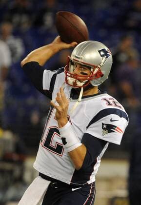 New England Patriots quarterback Tom Brady warms-up prior to his game against the Baltimore Ravens at M&T Bank Stadium in Baltimore, Maryland on September 23, 2012. The Ravens defeated the Patriots 31-30.  WAP20120923331